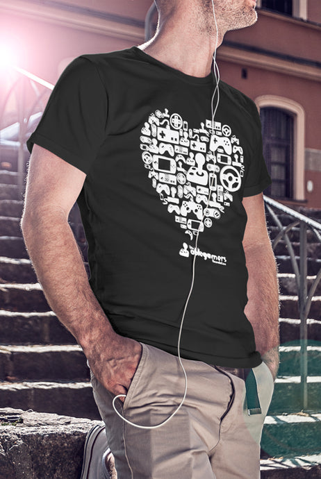 A black tshirt with a large heart design in the center. The large heart design includes many different types of game controllers. The text 