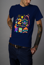 Load image into Gallery viewer, dark blue shirt with very colorful caravel on it, the letter 2 in orange with a faffis wheel that makes the zero in 20. Fireworks and other games all around

