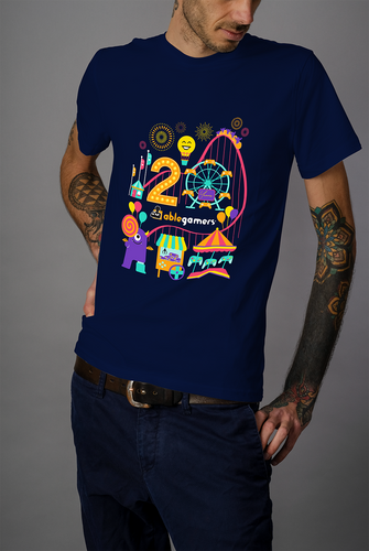dark blue shirt with very colorful caravel on it, the letter 2 in orange with a faffis wheel that makes the zero in 20. Fireworks and other games all around