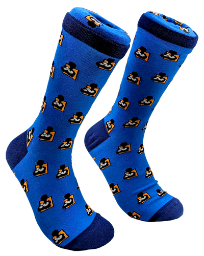 Med Blue socks with a dark blue heal, toe, and top. The AbleGamers logo, (Black joystick, white buttons, orange square behind it) tiled from top to bottom. this image has 2 socks in it.